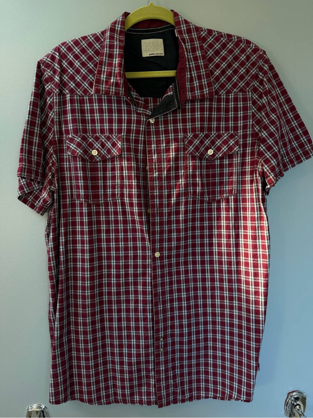 Public Opinion Men's Short Sleeve Red Plaid Button-Up Shirt